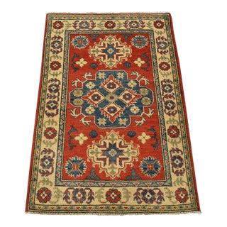 Kazak Rug 2’8” X 4’2” Blue Wool Tribal Hand-Knotted Oriental Carpet For Sale