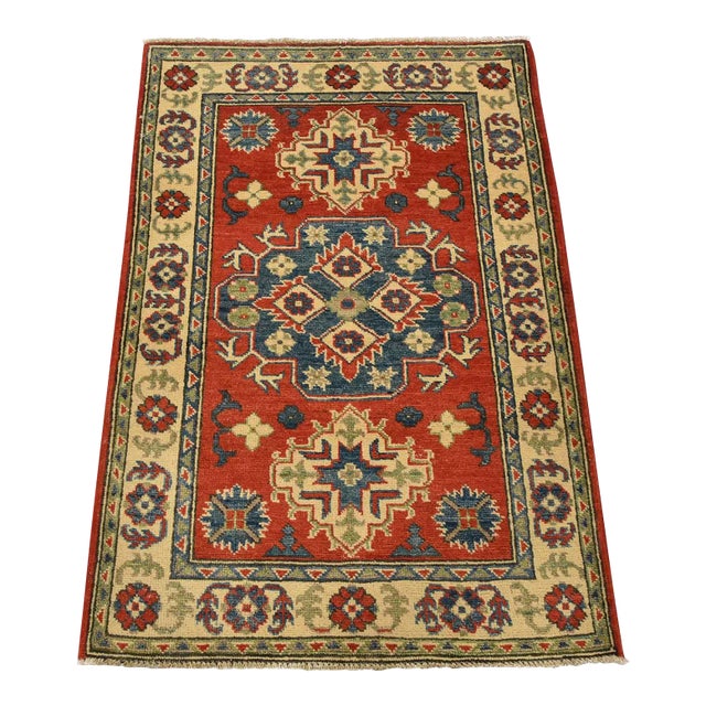 Kazak Rug 2’8” X 4’2” Blue Wool Tribal Hand-Knotted Oriental Carpet For Sale