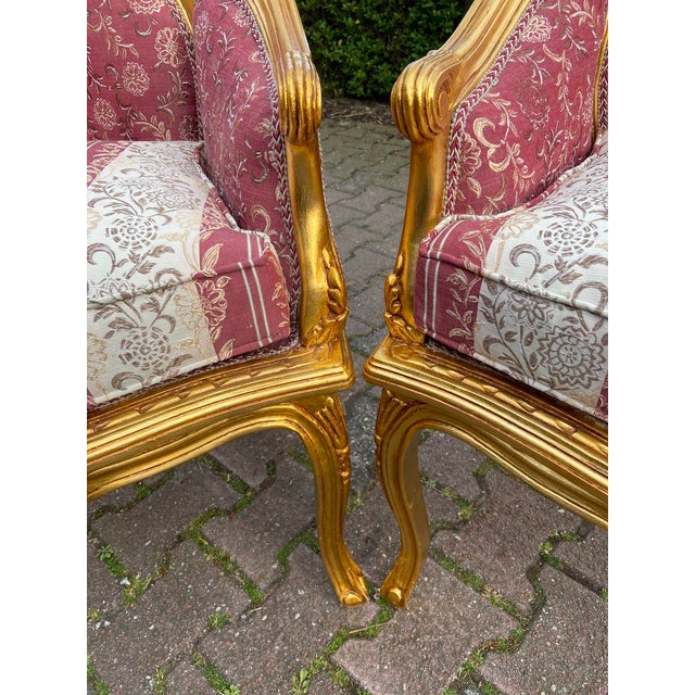 1970s French Louis XVI Gilt Beech Damask Sofa Set – 3 Pc For Sale - Image 13 of 18
