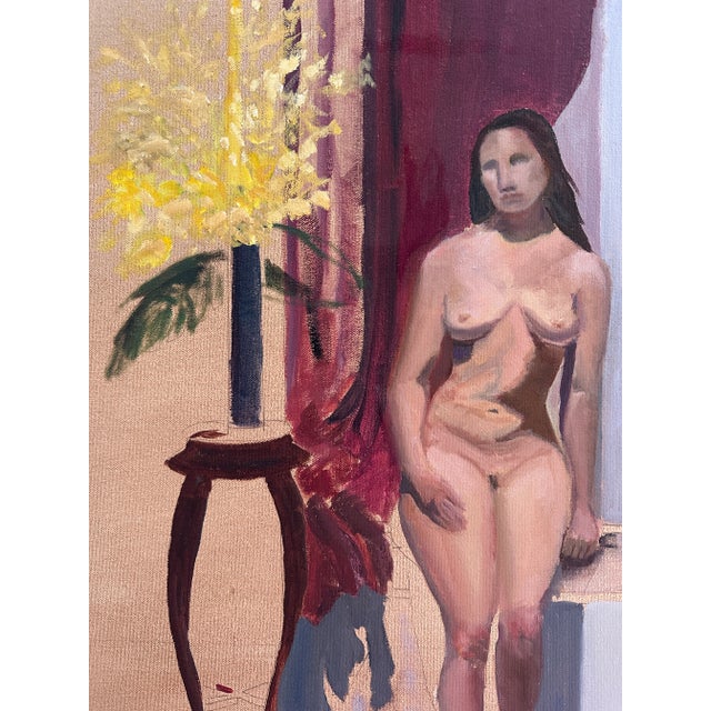 Vintage Portrait of a Nude Woman Nude portrait painting featuring a woman and vase of flowers. Seems to be a study or...
