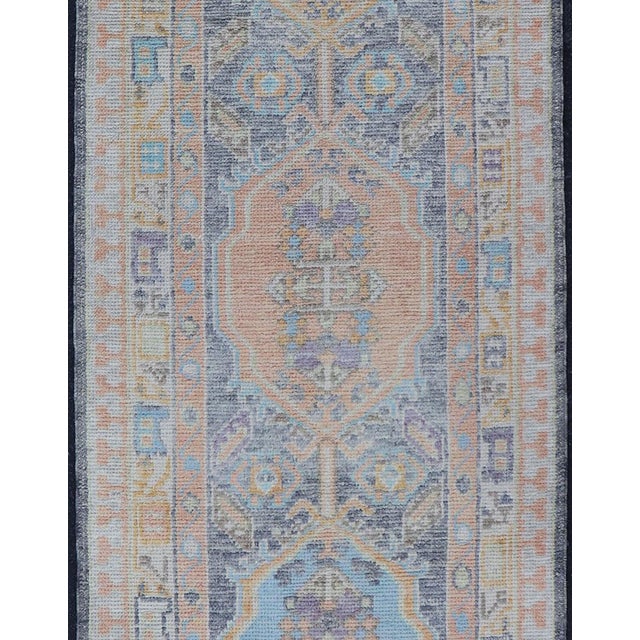 Turkish Oushak Runner in Powder Blue, Peach, and Gold 2'7 X 8'1 For Sale - Image 4 of 14