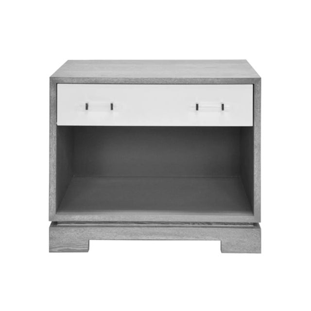 Worlds Away Matthew Izzo Home - Shane Gray Cerused Oak and Matte White Lacquer Side Table With Acrylic and Brass Draw Pulls For Sale - Image 4 of 4