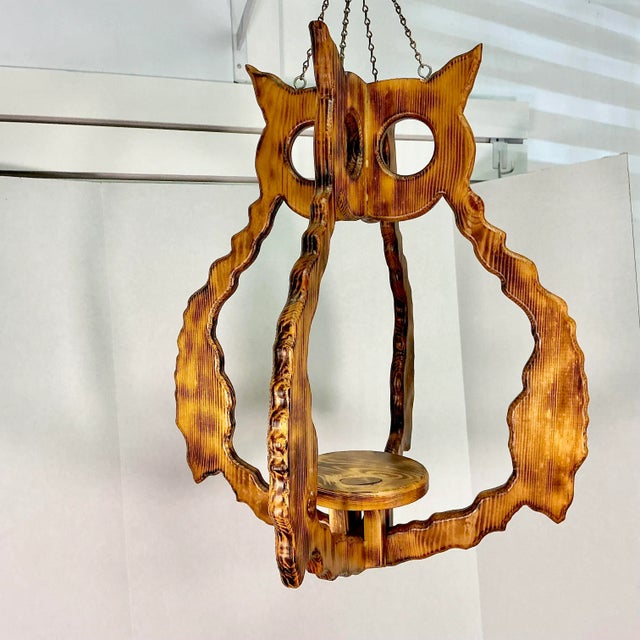1970s 1970s Vintage Boho Chic Folk Art Burnt Pine Owl Hanging Planter. For Sale - Image 5 of 12