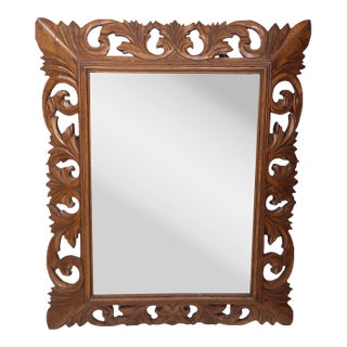 Craved Wood Brutalist Style Mirror Made in Mexico C. 1970's For Sale