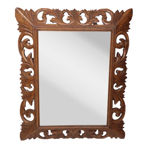 Craved Wood Brutalist Style Mirror Made in Mexico C. 1970's