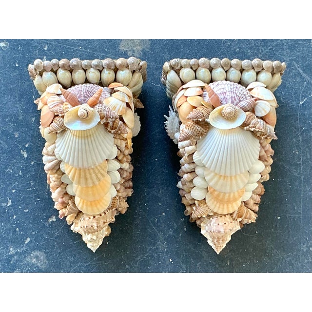 Wood Vintage Coastal Shell Encrusted Brackets - A Pair For Sale - Image 7 of 12