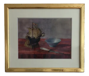 A. Séchaud, Small Decorative Sailboat, 1945, Watercolor on Paper, Framed