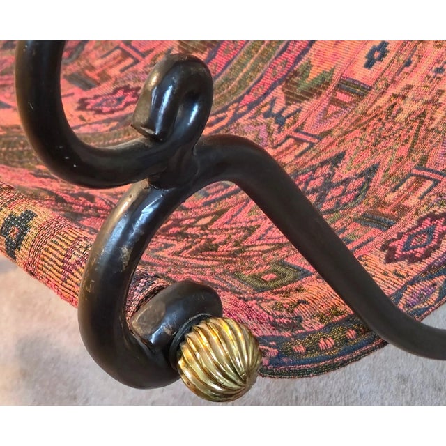 1980s Attributed to David Hicks Wrought Iron Tapestry Sling Chair With Brass Finials For Sale - Image 10 of 16