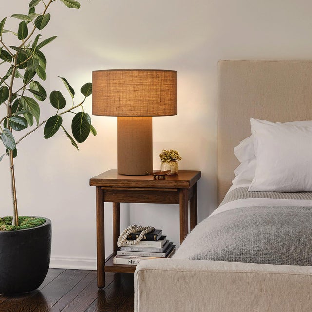 Mid-Century Modern Moonlight Table Lamp - Woven Burlap Shade, Dimmer Switch For Sale - Image 3 of 12