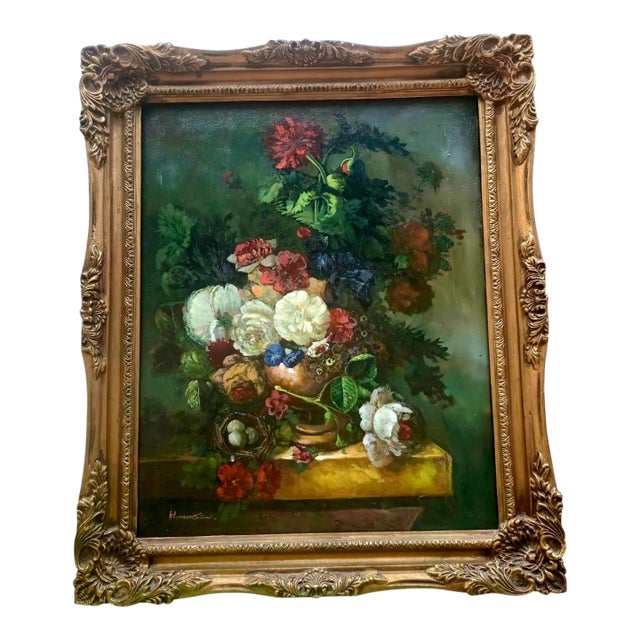 Late 19th Century Signed Antique European Floral Still Life Oil Painting in Ornate Gilt Frame For Sale