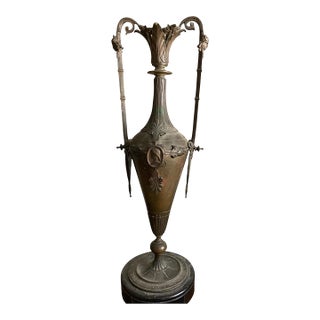 Neoclassical Urn on Marble Base – Late 19th to Early 20th Century Patinated Metal (C. 1880–1920) For Sale