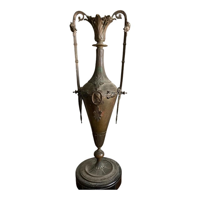 Neoclassical Urn on Marble Base – Late 19th to Early 20th Century Patinated Metal (C. 1880–1920) For Sale
