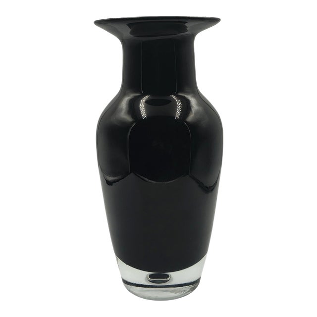 Mid-Century Modern Murano Sommerso Jet Black Art Glass Vase With Controlled Bubble Base, 1970s For Sale