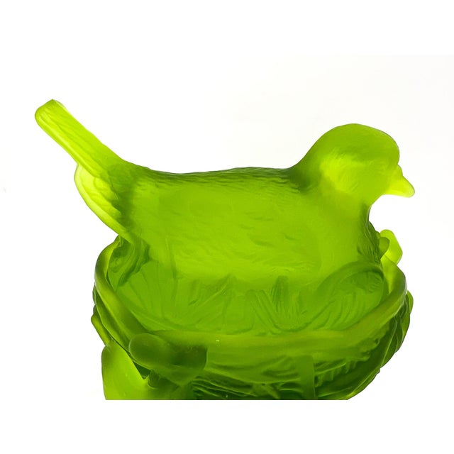 Mid-Century Westmoreland Lime Green Satin Glass Bird on Nest Candy Dish – Frosted Songbird Covered Bowl - - Cottagecore, Grandmillennial For Sale - Image 11 of 15