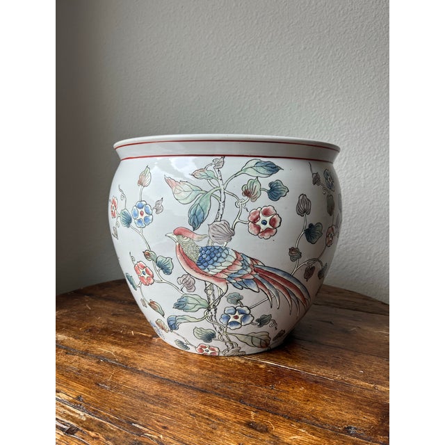 Vintage Asian Koi fish and Bird with Floral Design planter Cache pot Hand-painted Porcelain 12” diameter and 10.25” height...