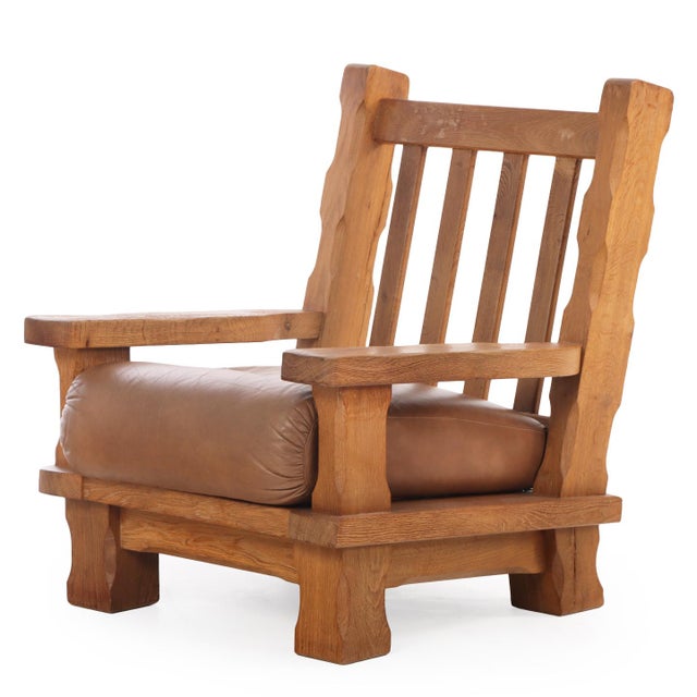 French A Pair of French Heavy Oak Brutalist Style Open Arm Chairs, C. 1960. For Sale - Image 3 of 7