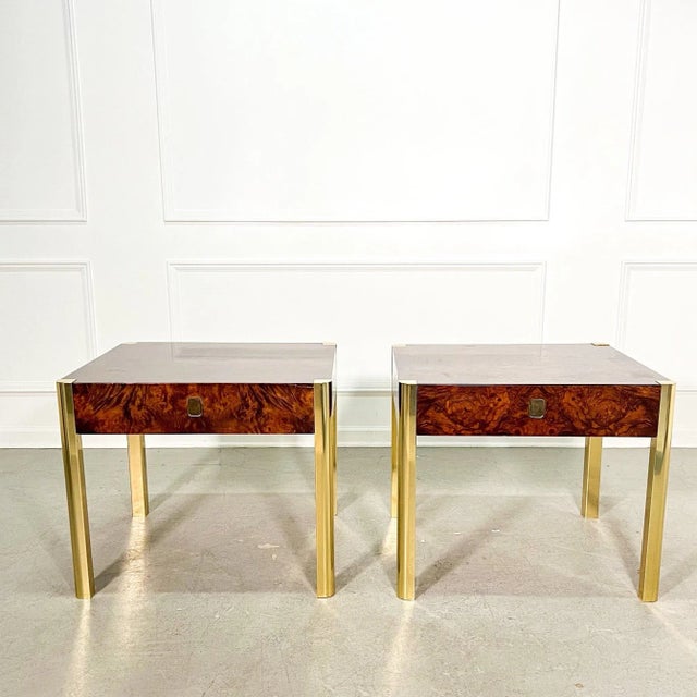 70's Regency Burl and Brass Century Side Tables - A Pair For Sale - Image 4 of 9