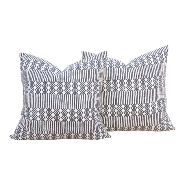 Pair of Large Black & White Blockprint Kantha Pillow For Sale
