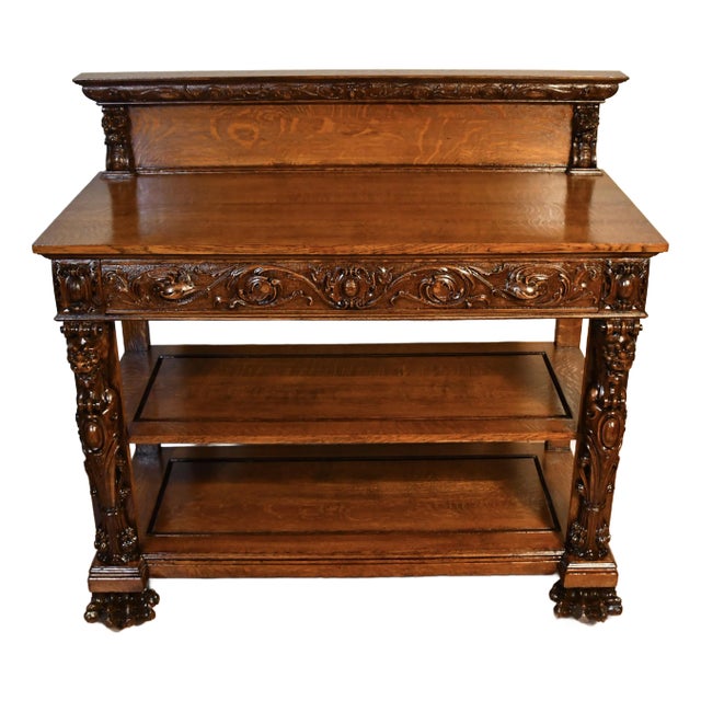 1900 Antique Rj Horner Tiger Oak Carved Griffin Server / Buffet For Sale