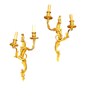 Late 19th Century French Rococo Revival Brass Two-Arm Wall Sconces - a Pair