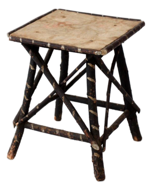 Antique Adirondack Twig Table With Floral Cloth Top