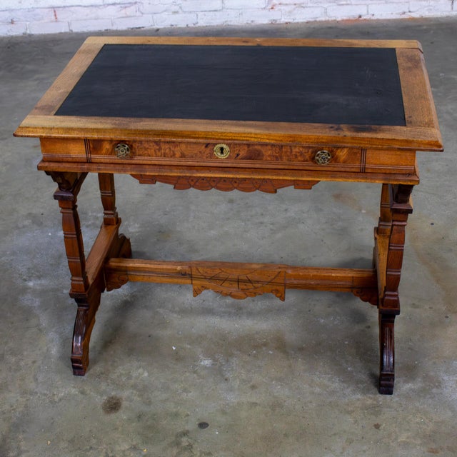 Late 19th Century Eastlake Victorian Style Ladies Writing Desk Walnut Burl and Faux Leather Top For Sale - Image 6 of 18