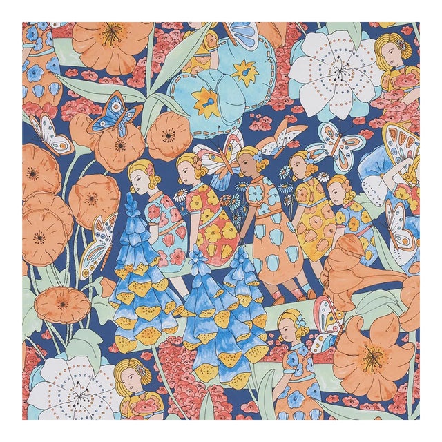 Sample - Schumacher X Clements Ribeiro Fairie Garden Wallpaper in Orange & Navy For Sale