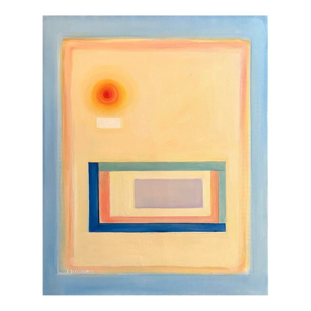 Abstract Expressionist Painting of Forms Against a Yellow Background by Satori Gregorakis. For Sale