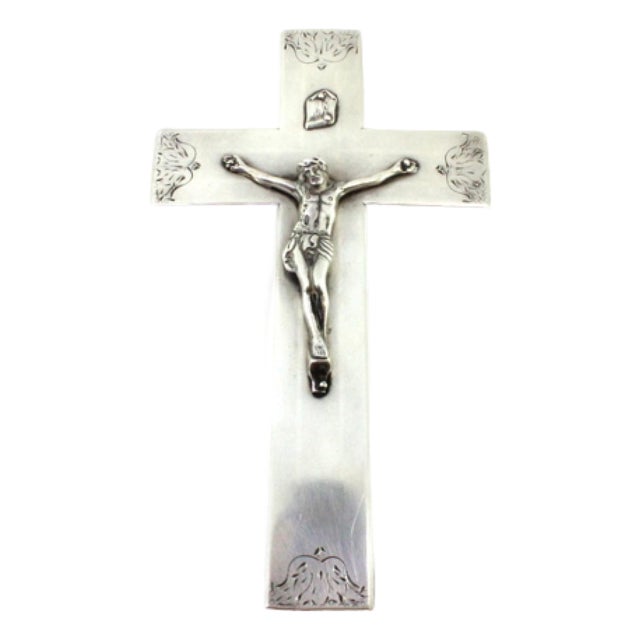 Silver Crucifix with Christ and Engraved Cross with Suspension Ring For Sale