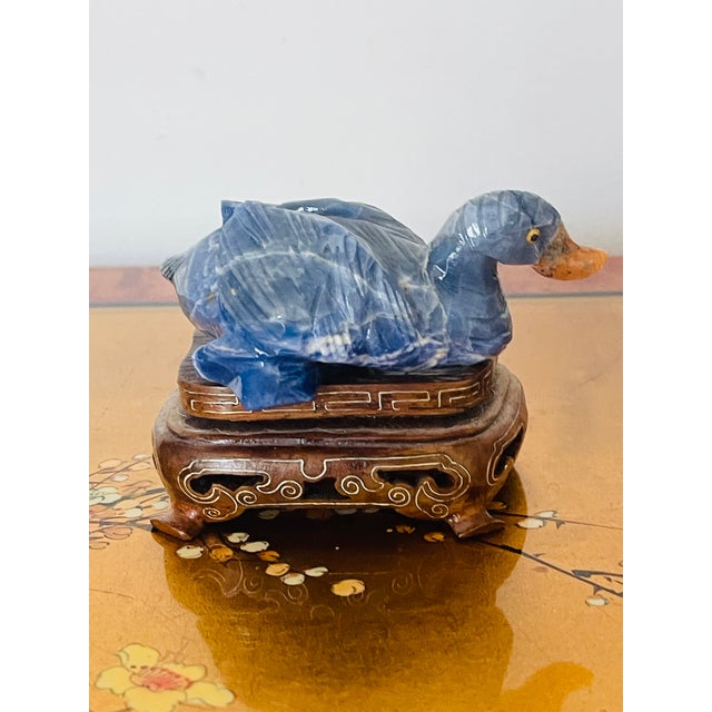 Vintage Blue Sodalite Stone Carved Duck Figurine on Stand For Sale - Image 4 of 6