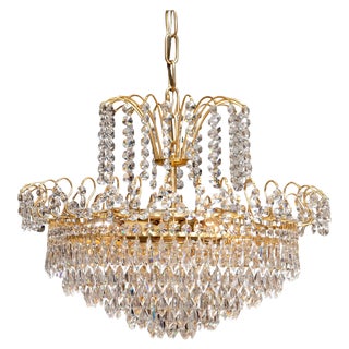 Gold-Plated and Faceted Crystal Chandelier from Rejmyre, Sweden, 1970s For Sale