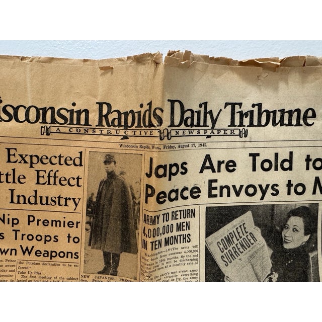 Vintage 1945 Wwii Newspaper Wisconsin Rapids Daily Tribune Japan Surrenders War For Sale In Philadelphia - Image 6 of 9