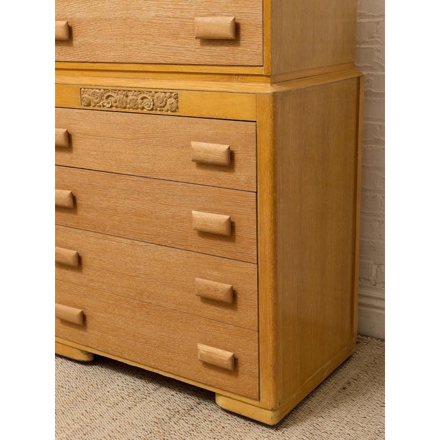 Early 20th Century Art Deco Blonde Wood Highboy Dresser With Carved Detail For Sale - Image 4 of 12