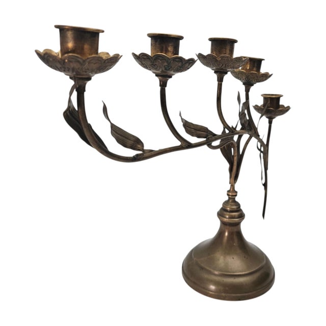 French Art Nouveau Brass Lily Botanical Candelabra, 5-Light, Early 20th Century 15" For Sale - Image 4 of 10