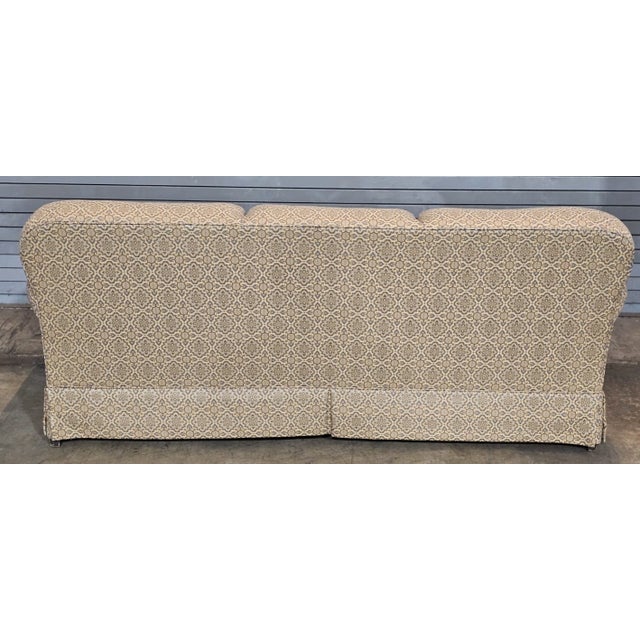 Wood Late 20th Century Baker Furniture Rolled Arm Sofa Three Cushions Skirted Base Blue and Gold Fabric For Sale - Image 7 of 9