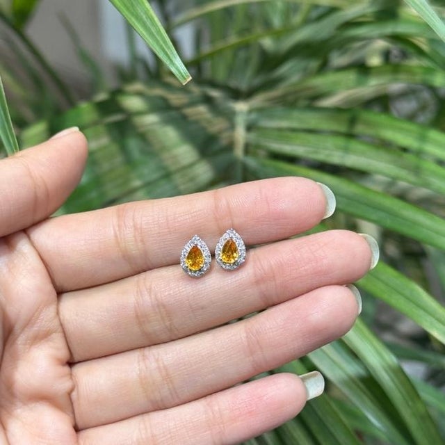 Art Deco 1 Ct Pear Cut Yellow Sapphire Stud Earrings With Diamonds in 14k Gold- A Pair For Sale - Image 3 of 13