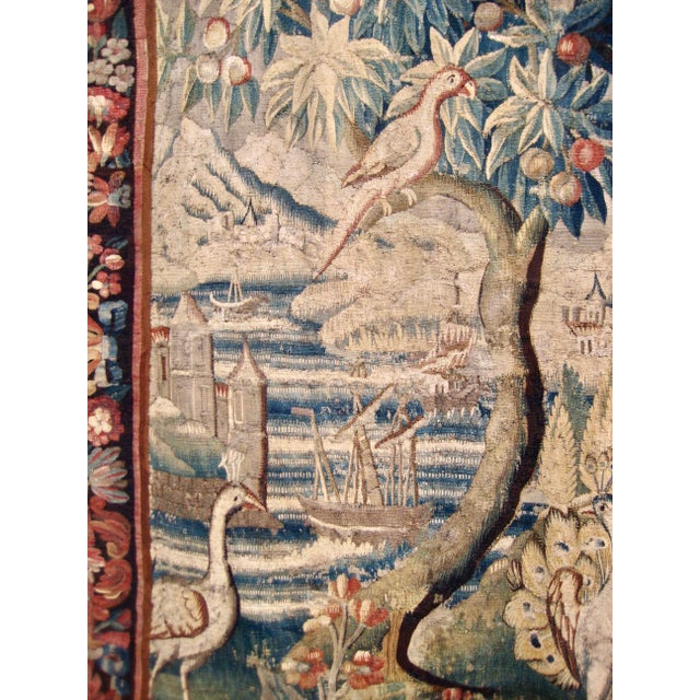 Textile French Aubusson Verdure Two Peacocks, Parrot and Boats 18 Century For Sale - Image 7 of 17