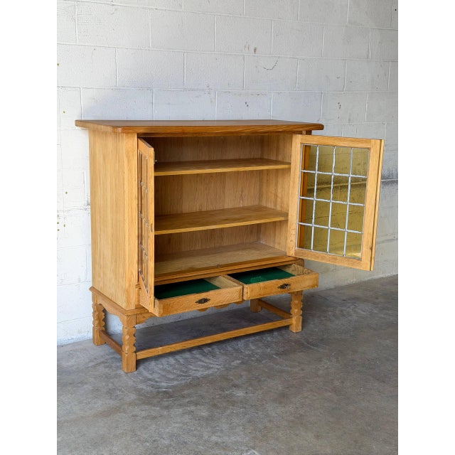 In Style of Henning Kjærnulf Oak Glass Cabinet With Leaded Doors Vintage Danish Mid-Century Modern 1960s For Sale - Image 4 of 10