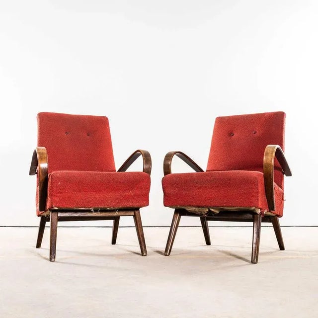 Armchair in Tomato Geometric Check Bouclé Fabric Arrmchair with Sprung Seat by Jaroslav Šmídek, 1950s For Sale - Image 3 of 10