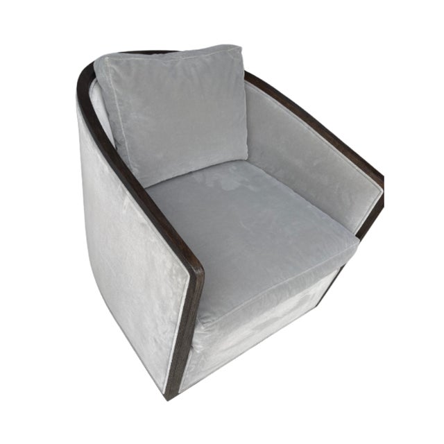 Restoration Hardware (RH) Dixon Swivel Chair – Brushed Brown Oak & Fog Performance Velvet ──────────── Sculptural...