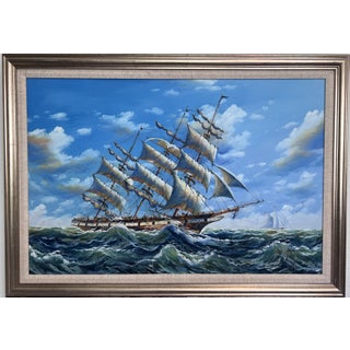 Late 20th Century Ambrose Large Original Oil Painting on Canvas Sailing Ship Ocean Seascape Framed For Sale