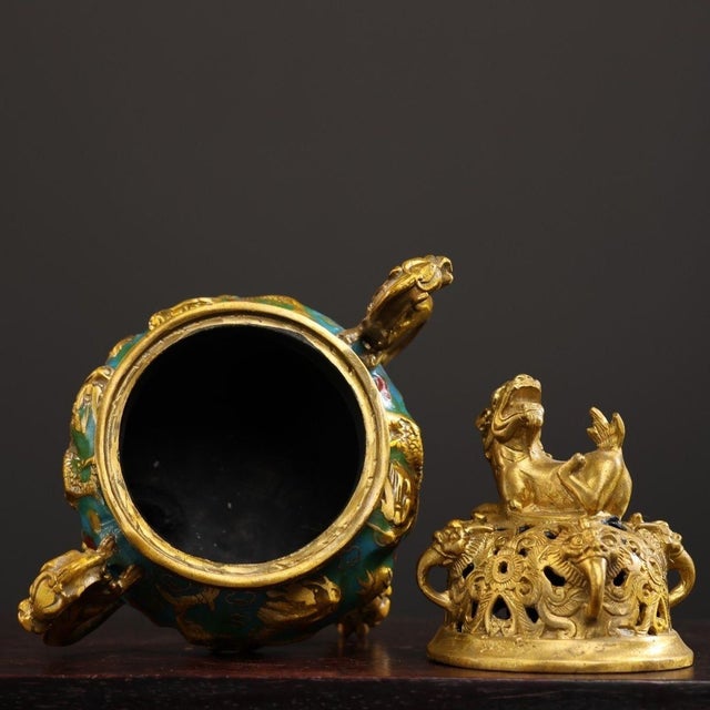 Late 20th Century Cloisonné Enamel Dragon Censer With Gilt Guardian Lion Finial For Sale - Image 4 of 10