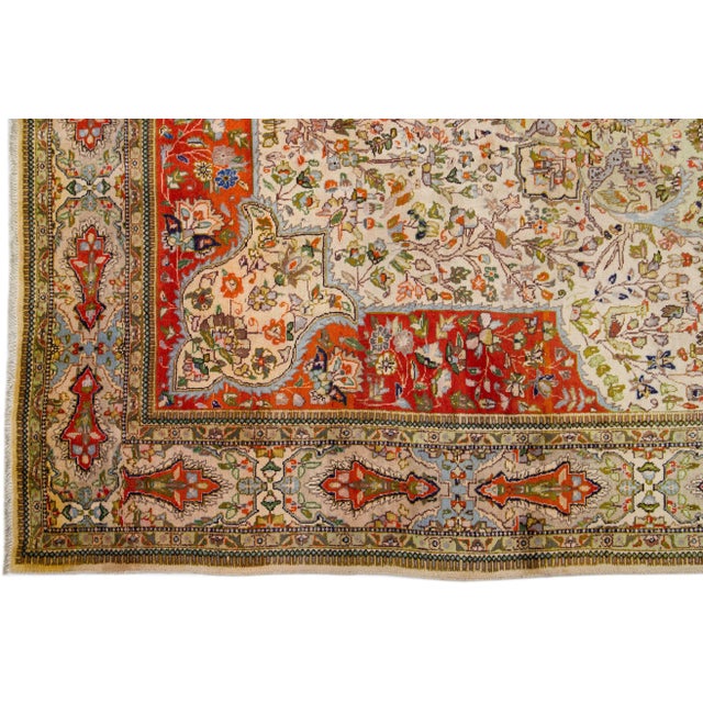 1960s Vintage Persian Tabriz Beige Handmade All-Over Medallion Wool Rug For Sale - Image 4 of 7