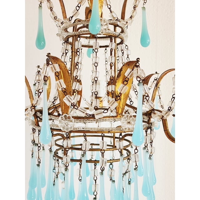 Vintage Gilt Metal Italian Chandelier With Blue Opaline Crystals For Sale - Image 9 of 12
