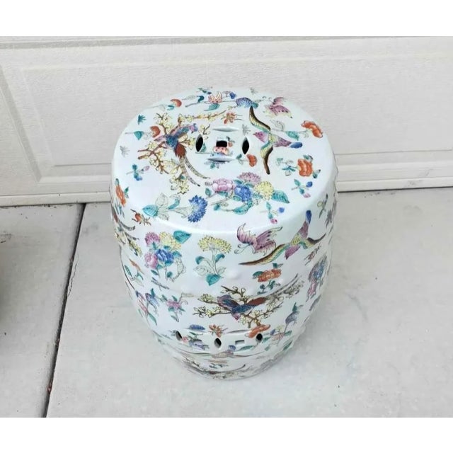 Rose Pair of 20th Century Chinoiserie Famille Rose Floral and Fauna Porcelain Barrel-Form Garden Stools/Seats For Sale - Image 8 of 12