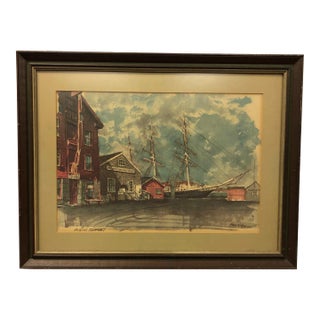 Late 19th Century Mystic Seaport Print of Watercolor Painting Signed on the Bottom, Framed For Sale