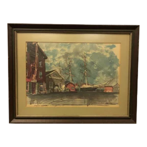 Late 19th Century Mystic Seaport Print of Watercolor Painting Signed on the Bottom, Framed