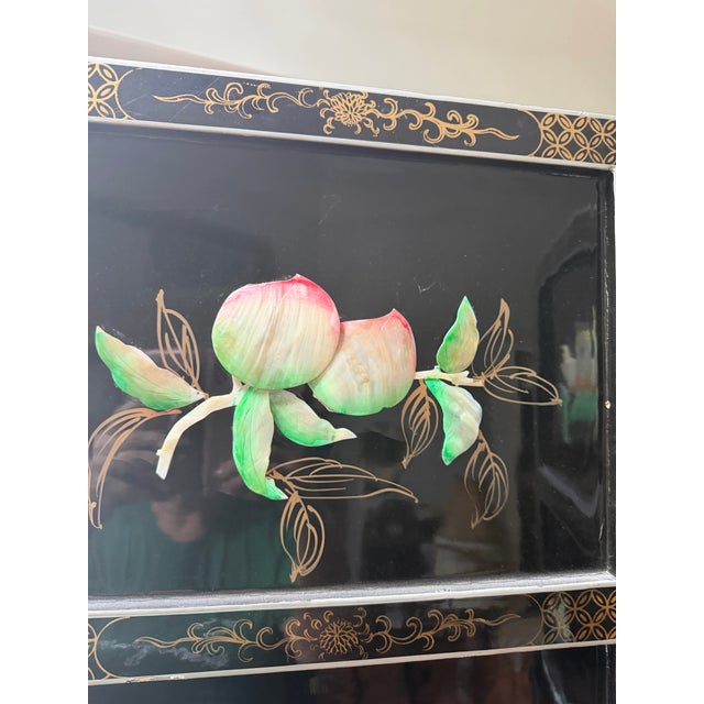 Vintage Chinese Black Lacquer 4-Panel Folding Screen Room Divider - Soapstone & Mother-of-Pearl Inlay For Sale - Image 9 of 18