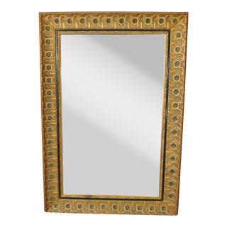 Late 20th Century Ornate Gold & Black Wood Medallion Beveled Hanging Wall Mirror For Sale