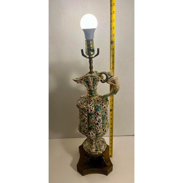 Rare Vintage Capodimonte Italy Hand Painted Art Pottery Pitcher Shape Table Lamp For Sale - Image 10 of 11